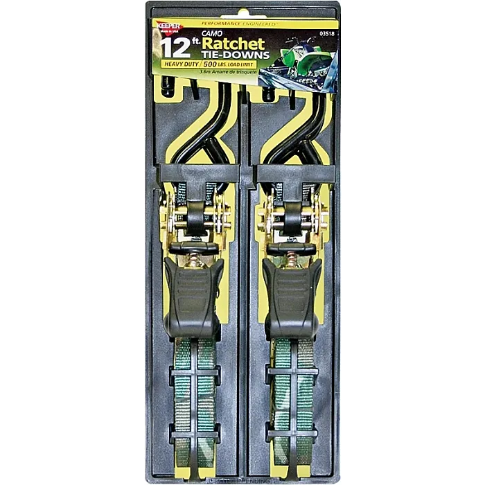 Keeper 03518 Tie-Down, 1 in W, 12 ft L, Polyester, Camouflage, 500 lb, S-Hook End Fitting