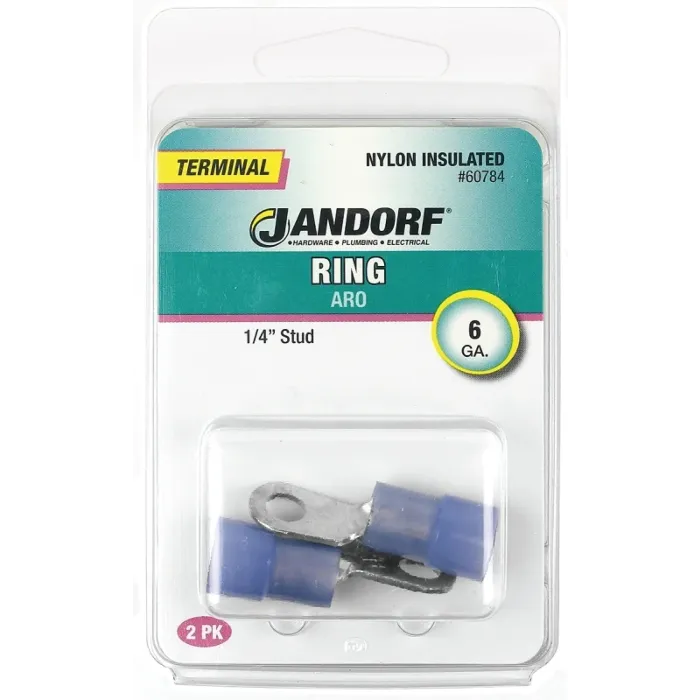 Jandorf 60784 Ring Terminal, 6 AWG Wire, 1/4 in Stud, Nylon Insulation, Copper Contact, Blue