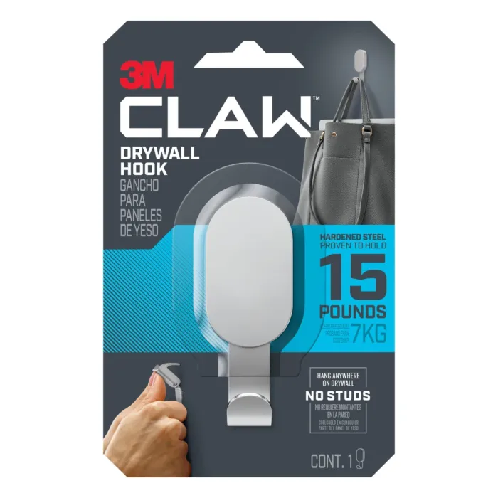 3M CLAW™ Drywall Hooks 3DH15SLV-1ES, 15lb, Silver, 1 ct