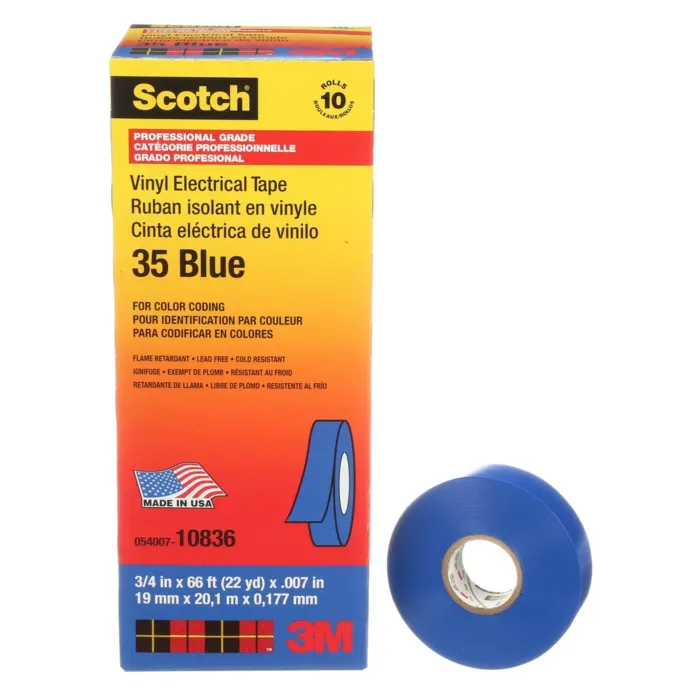 3M Scotch® Vinyl Color Coding Electrical Tape 35, 3/4 in x 66 ft, Blue, 10 rolls/carton, 100 rolls/Case