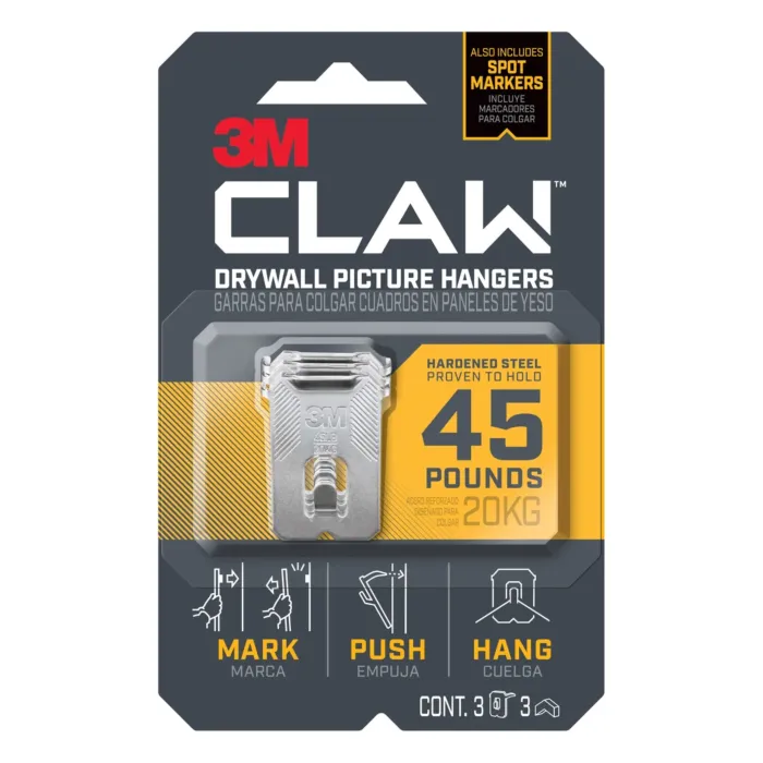 3M CLAW™ Drywall Picture Hanger 45 lb with Temporary Spot Marker 3PH45M-3ES, 3 hangers, 3 markers