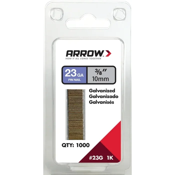 Arrow Fastener Arrow 23G10-1K Pin Nail, 3/8 in L, 23 Gauge, Galvanized Steel, Round Shank