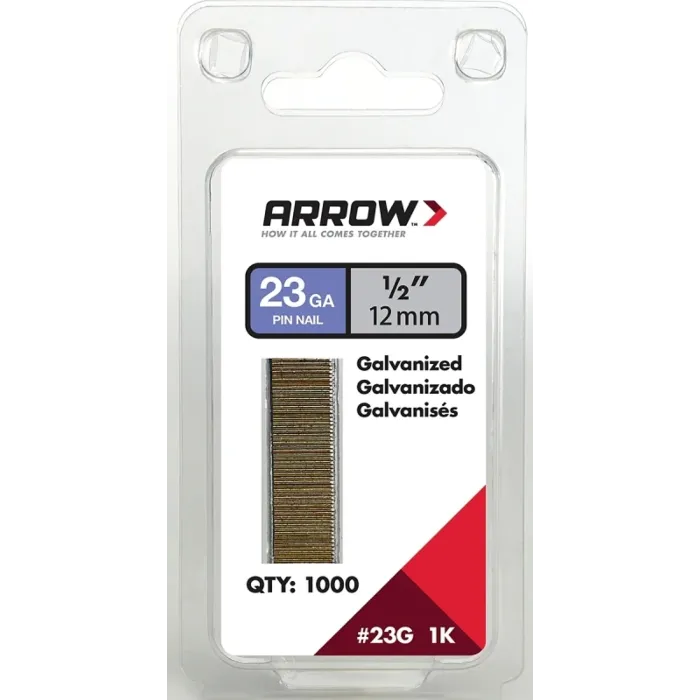 Arrow Fastener Arrow 23G12-1K Pin Nail, 1/2 in L, 23 Gauge, Galvanized Steel, Round Shank