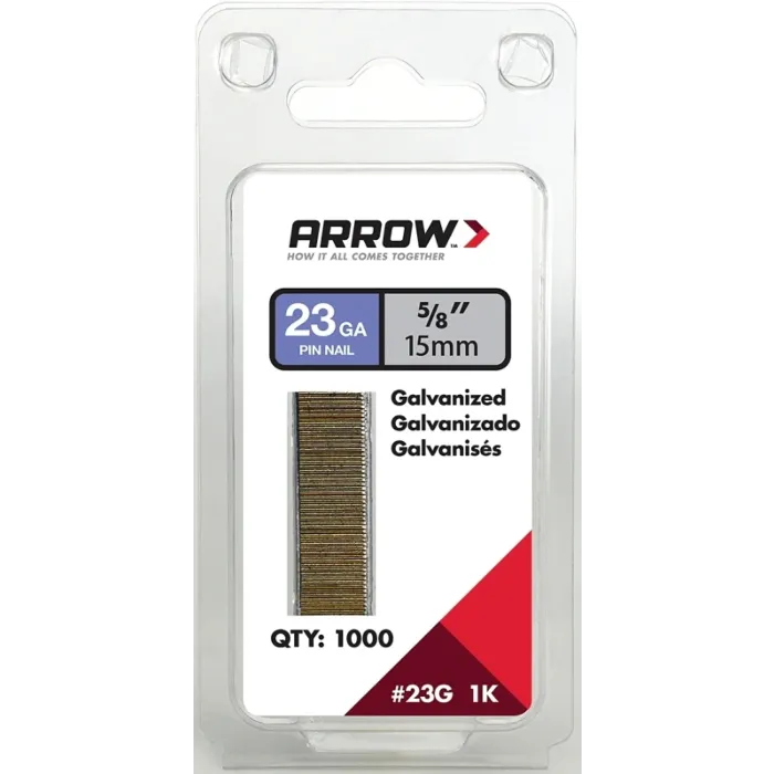 Arrow 23G15-1K Pin Nail, 5/8 in L, 23 Gauge, Galvanized Steel, Round Shank