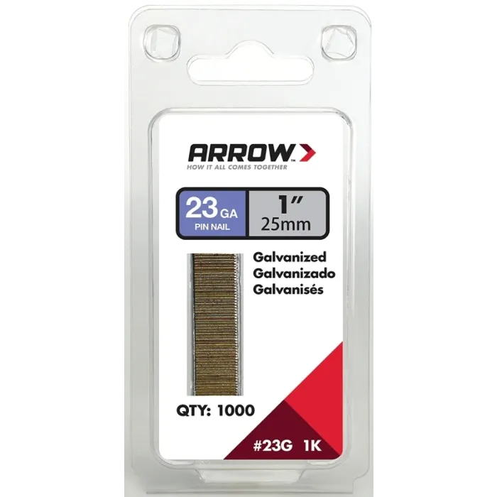 Arrow Fastener Arrow 23G25-1K Pin Nail, 1 in L, 23 Gauge, Galvanized Steel, Round Shank