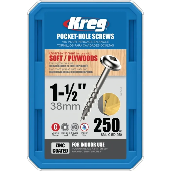 Kreg SML-C150-250 Pocket-Hole Screw, #8 Thread, 1-1/2 in L, Coarse Thread, Maxi-Loc Head, Square Drive, Carbon Steel, 250/PK