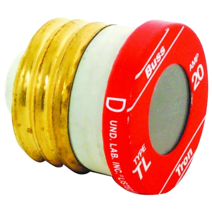 Bussmann Eaton Bussmann series Type TL plug fuse, plug fuse, time delay, 125 Vac, 10 kAIC (RMS Symmetrical) interrupt rating, 10 kA short circuit rating, threaded mount, plastic body, brass thread, edison base, 20 A