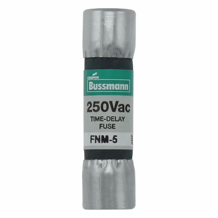 Bussmann Eaton Bussmann series FNM fuse, Time-delay Midget fuse, 5 A, Dual, Non-indicating, Ferrule end x ferrule end, 10 kAIC at 125 Vac,200 AIC at 250 Vac, Nickel-plated bronze endcap, Standard, 250 V