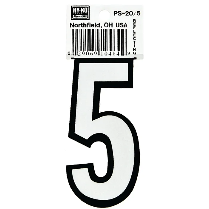 HY-KO Hy-Ko PS-20/5 Reflective Sign, Character: 5, 3-1/4 in H Character, Black/White Character, Vinyl