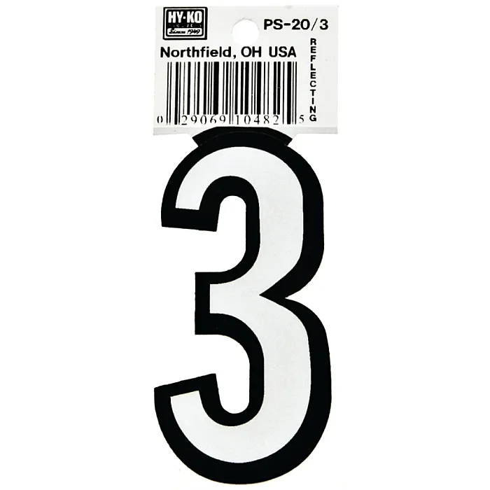 HY-KO Hy-Ko PS-20/3 Reflective Sign, Character: 3, 3-1/4 in H Character, Black/White Character, Vinyl