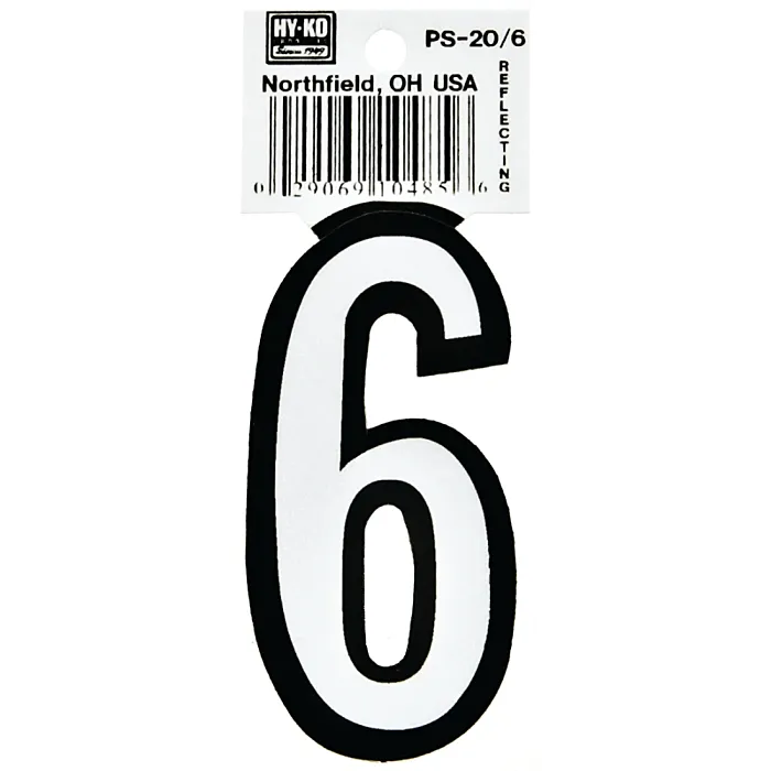 HY-KO Hy-Ko PS-20/6 Reflective Sign, Character: 6, 3-1/4 in H Character, Black/White Character, Vinyl