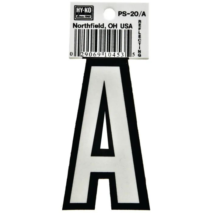 HY-KO Hy-Ko PS-20/A Reflective Letter, Character: A, 3-1/4 in H Character, Black/White Character, Vinyl