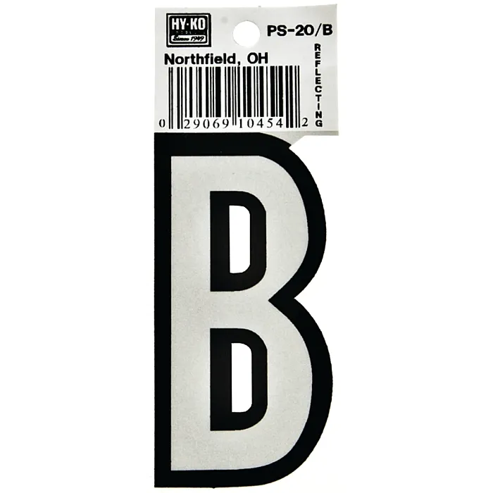 Hy-Ko PS-20/B Reflective Letter, Character: B, 3-1/4 in H Character, Black/White Character, Vinyl