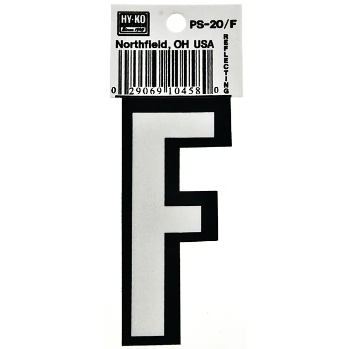 HY-KO Hy-Ko PS-20/F Reflective Letter, Character: F, 3-1/4 in H Character, Black/White Character, Vinyl