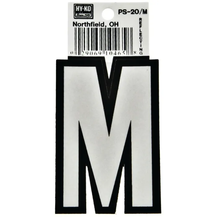 Hy-Ko PS-20/M Reflective Letter, Character: M, 3-1/4 in H Character, Black/White Character, Vinyl
