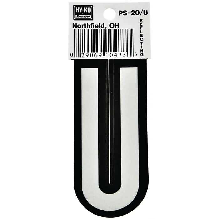 HY-KO Hy-Ko PS-20/U Reflective Letter, Character: U, 3-1/4 in H Character, Black/White Character, Vinyl