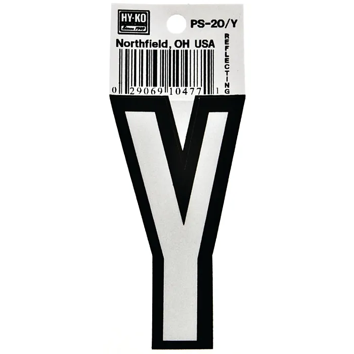HY-KO Hy-Ko PS-20/Y Reflective Letter, Character: Y, 3-1/4 in H Character, Black/White Character, Vinyl