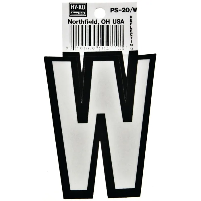 Hy-Ko PS-20/W Reflective Letter, Character: W, 3-1/4 in H Character, Black/White Character, Vinyl