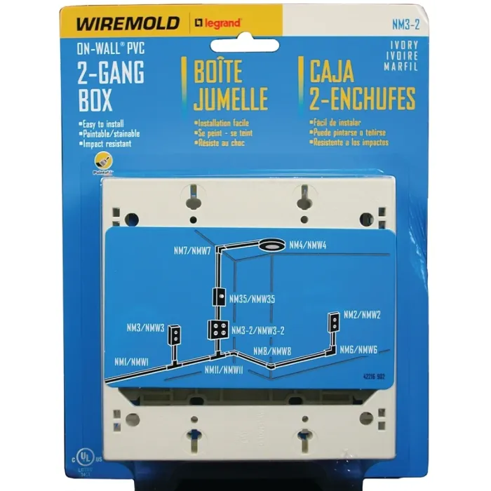 Wiremold NM NM3-2 Outlet Box, 2 -Gang, 0 -Knockout, Plastic, Ivory, Wall Mounting