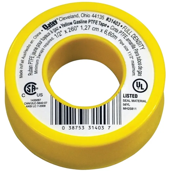 PASCO Oatey 31403 Thread Seal Tape, 260 in L, 1/2 in W, PTFE, Yellow