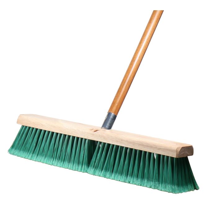 Magnolia Brush 18 in Push Broom, Green Flagged Tip Pet Plastic 3 in Bristles with Threaded Handle
