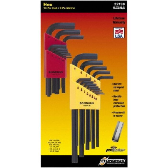 Bondhus SAE/Metric 22 Pieces 0.05-3/8 in and 1.5-10 mm Short Length Hex End L-Wrench Set