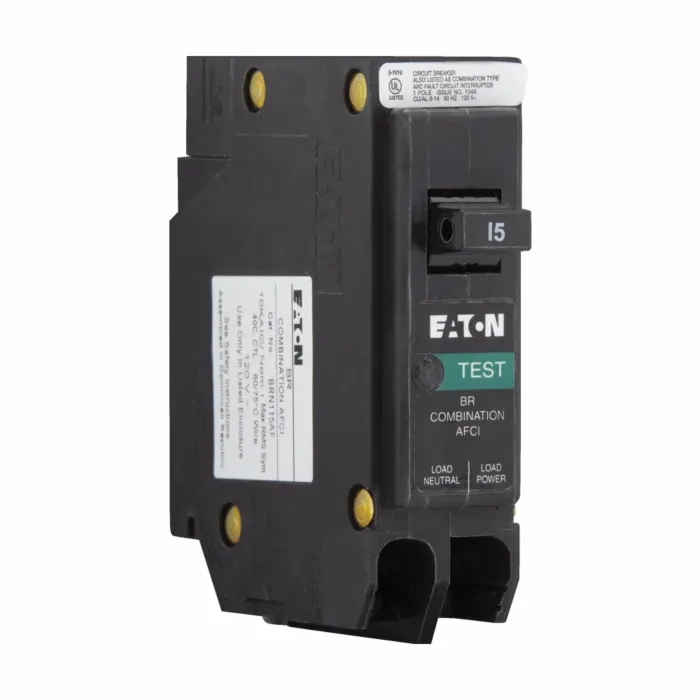 Eaton BR AFCI circuit breaker, AFCI Circuit breaker, UL only, 15 A, 10 kAIC, Single-pole, 120 V, BR, Plug-on, #14-8 AWG Cu/Al, Type BR Loadcenters