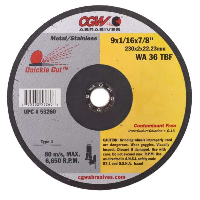 CGW Contaminant-Free Cut-Off Wheels, Type 1 and 27 - WA36-T-RIGID, Type 1 - Size 9 x .045 x 7/8