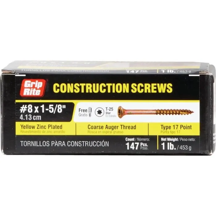 Grip-Rite #8 x 1-5/8" T-25 Star Drive, Construction Screw, Yellow Zinc (Bulk Box  1 lb)