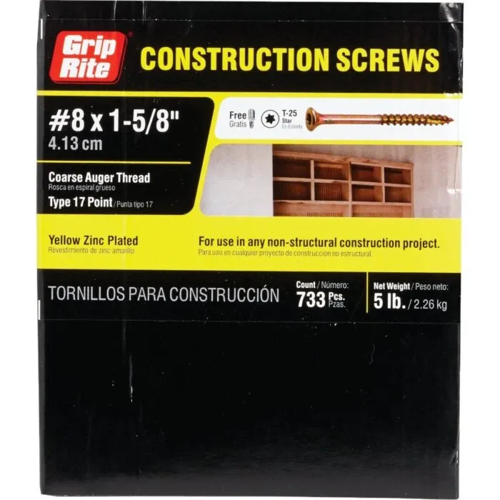 Grip-Rite #8 x 1-5/8" T-25 Star Drive, Construction Screw, Yellow Zinc (Bulk Box  5 lb)
