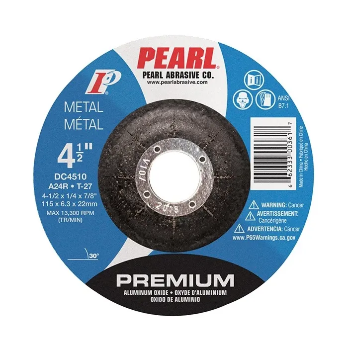 Pearl Abrasives Premium Aluminum Oxide Depressed Center Grinding Wheel 4-1/2 x 1/4 x 7/8 A24R T-27 DC4510