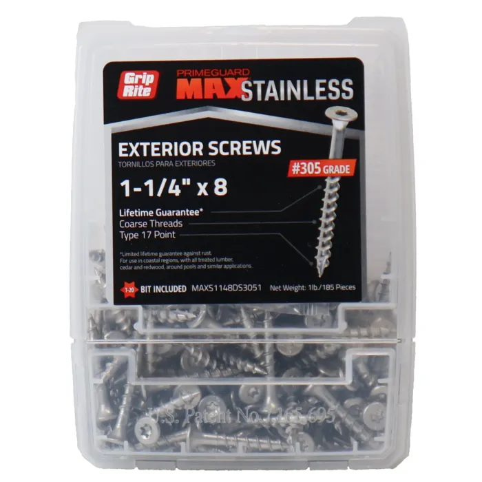 Grip-Rite #8 x 1-1/4" T-25 Star, Deck Screw, Stainless Steel, Silver (Bulk Box 1 lb)