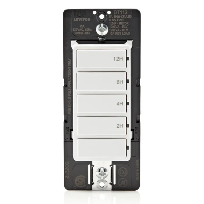 Leviton Decora In-Wall 12-Hour Countdown Timer Switch, 15A, ½ HP/9.8A Fan/Motor, Single Pole (White)