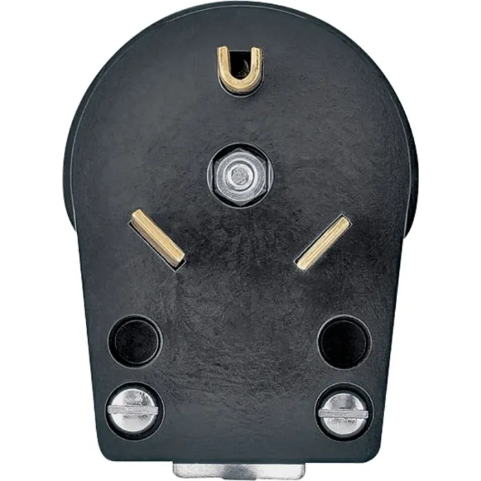 Crouse-Hinds Eaton Arrow Hart extra heavy-duty angled plug, #12-10 AWG, 30A, 125V, Back wire, Black, Brass, Urea, TT-30P, Two-pole, Three-wire, Screw, Thermoplastic, Box packaging