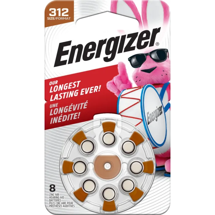 Energizer Hearing Aid Batteries Size 312, Brown Tab, 8 Pack