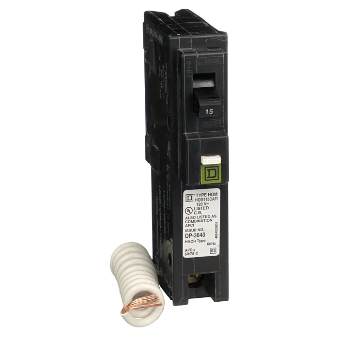 Square D Mini circuit breaker, Homeline, 15A, 1 pole, 120VAC, 10kA AIR, combo arc fault, pigtail neutral, plug in, UL [TAA]