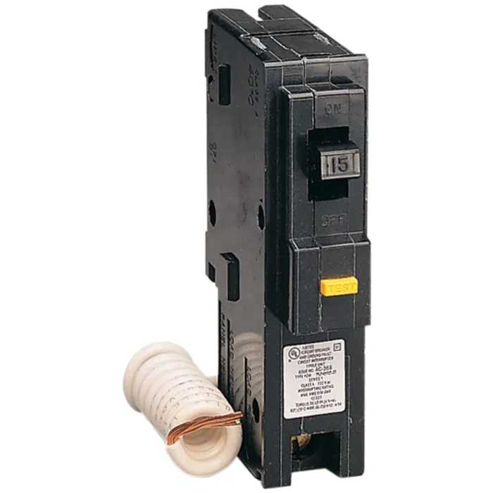 Square D Mini circuit breaker, Homeline, 15A, 1 pole, 120VAC, 10kA AIR, ground fault class A, plug in, UL [TAA]