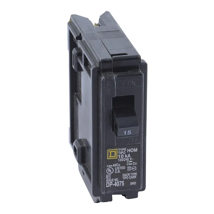 Square D Mini circuit breaker, Homeline, 15A, 1 pole, 120/240VAC, 10kA AIR, standard type, plug in, UL