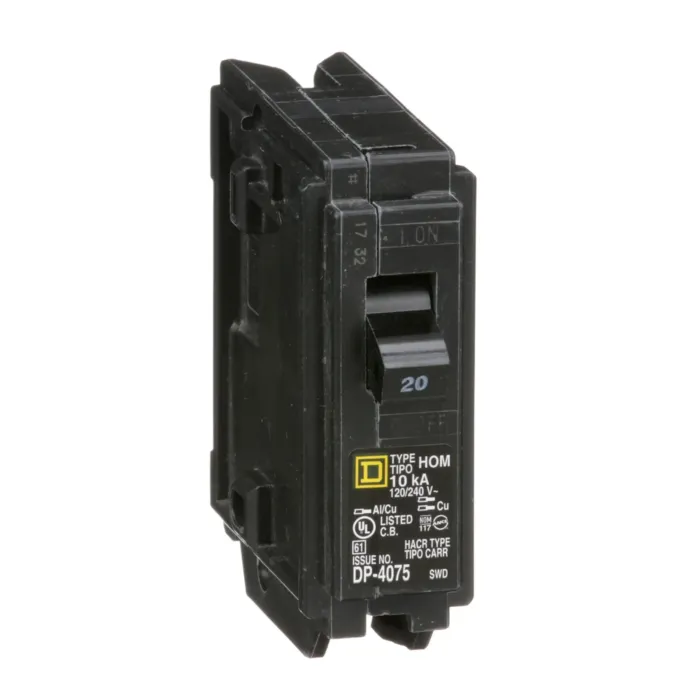 Square D Mini circuit breaker, Homeline, 20A, 1 pole, 120/240VAC, 10kA AIR, standard type, plug in, UL