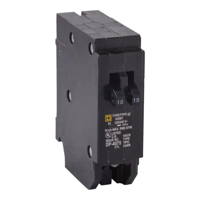 Square D Tandem circuit breaker, Homeline, 2 x 1 pole at 15A, 120/240VAC, 10kA AIR, plug in, UL