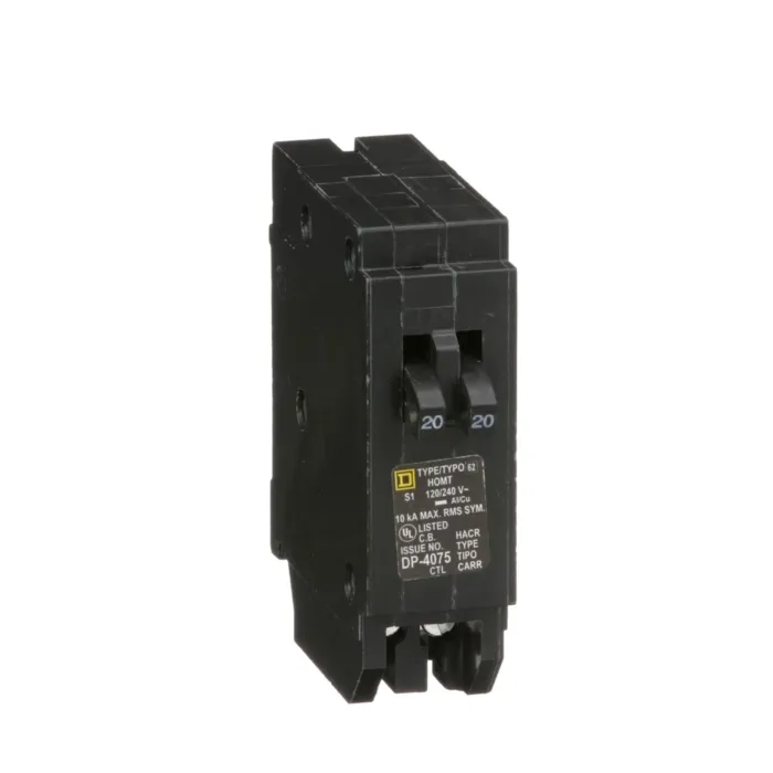 Square D Tandem circuit breaker, Homeline, 2 x 1 pole at 20A, 120/240VAC, 10kA AIR, plug in, UL