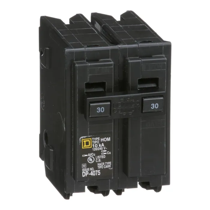 Square D Mini circuit breaker, Homeline, 30A, 2 pole, 120/240VAC, 10kA AIR, standard type, plug in, UL