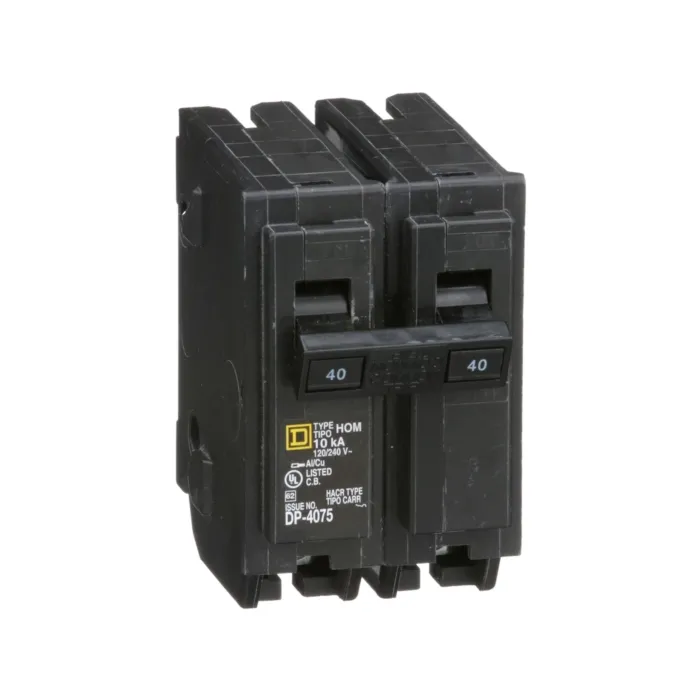Square D Mini circuit breaker, Homeline, 40A, 2 pole, 120/240VAC, 10kA AIR, standard type, plug in, UL