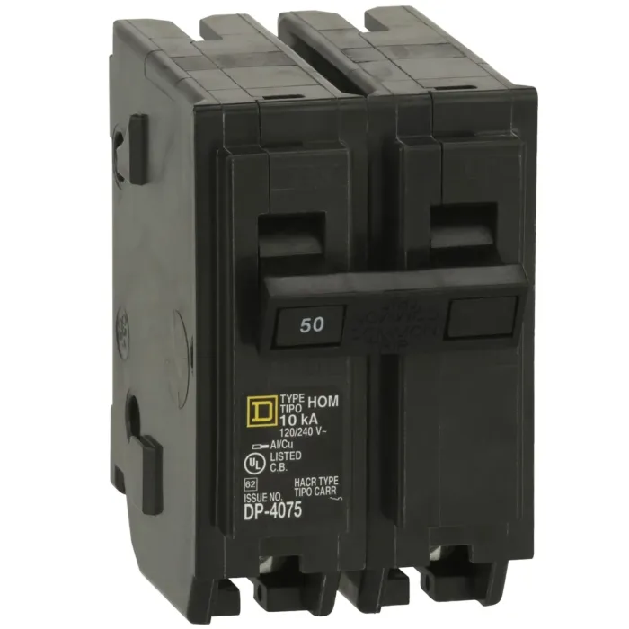 Square D Mini circuit breaker, Homeline, 50A, 2 pole, 120/240VAC, 10kA AIR, standard type, plug in, UL