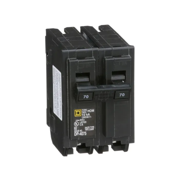 Square D Mini circuit breaker, Homeline, 70A, 2 pole, 120/240VAC, 10kA AIR, standard type, plug in, UL