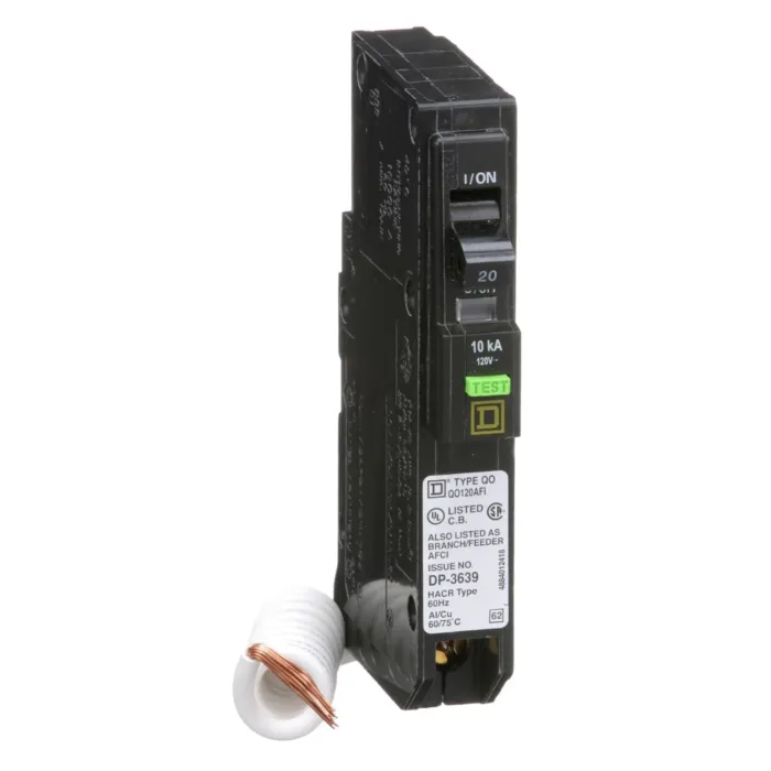 Square D Mini circuit breaker, QO, 20A, 1 pole, 120VAC, 10kA, plug in, combo ARC fault, pigtail, clam [TAA]