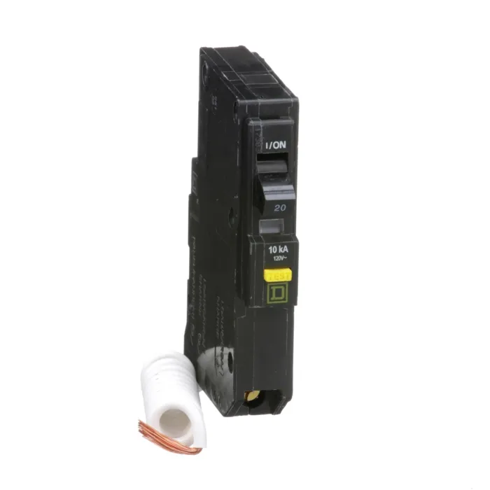 Square D Mini circuit breaker, QO, 20A, 1 pole, 120VAC, 10kA, plug in, 6mA grd fault A, pigtail [TAA]