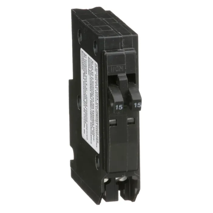 Square D Tandem mini circuit breaker, QO, 2 x 1 pole at 15A, 120/240VAC, 10kA, plug in, consumer pack