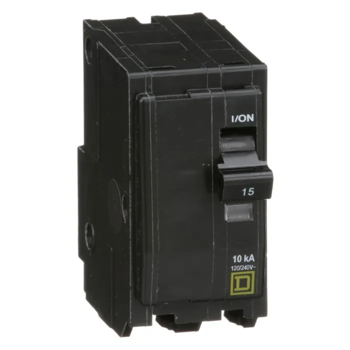 Square D Mini circuit breaker, QO, 15A, 2 pole, 120/240VAC, 10kA, plug in, consumer pack