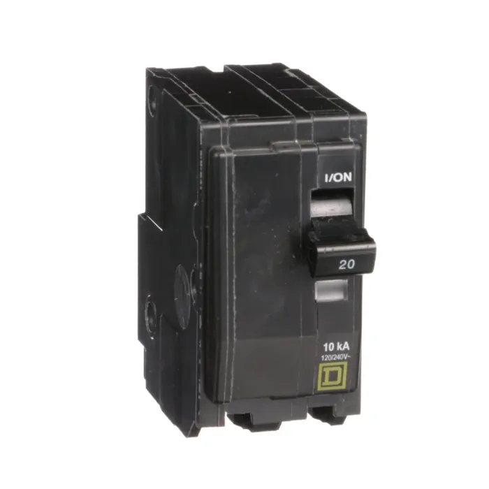 Square D Mini circuit breaker, QO, 20A, 2 pole, 120/240VAC, 10kA, plug in, consumer pack